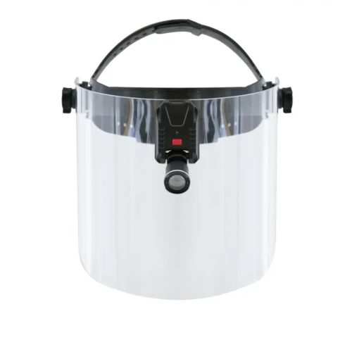 Lampa czołowa bezprzewodowa typu Clar LED-owa na przyłbicy ochronnej.jpg